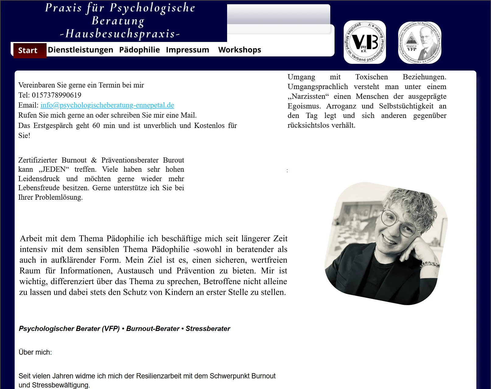 Alte Website psychologischeberatung-ennepetal.de - veraltetes Design mit einfacher Struktur und wenig visueller Hierarchie